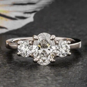 Oval geschliffener weißer Moissanit 3 Steine Verlobungsring Ehering 14 Karat massiv Weißgold - Bild 1 von 7