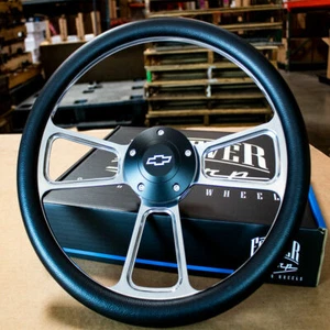 14" Billet Muscle Steering Wheel with Black Vinyl Wrap and Chevy Horn & 5 Hole - Bild 1 von 9