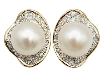 Earrings Cultured Pearl & Diamonds in Rose Gold Omega Back Pierced 17 mm Long - Image 1 of 4
