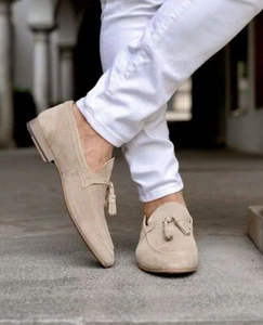 Handmade men light beige suede dress moccasin, formal office moccasin shoes mens - Picture 1 of 2