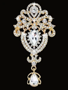 Gold Crystal Pin Large Dangle Drop Bride Bouquet Brooch Fashion DIY Statement - Picture 1 of 9