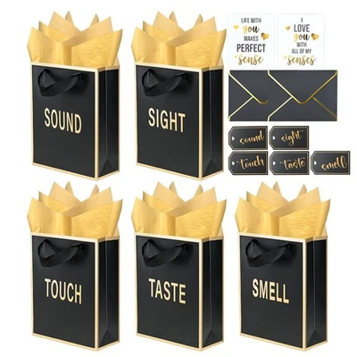 NIMBBEX Gold Foil 5 Senses Gift Bags for Him Her with Labels Envelopes and Cards, Sig...