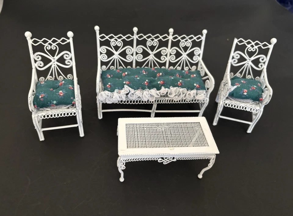 White Wire Wicker Dollhouse Furniture 4pc Set Vintage Patio Chairs, Sofa & Table - Image 1 of 4