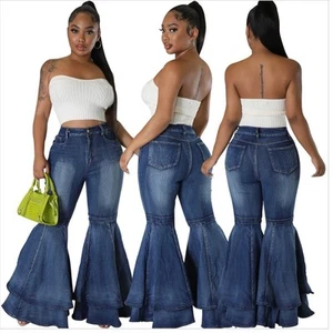 NEW XPlusWear Layered Bell Bottom Stretch Jeans High Waist 70s Style Size Large - Picture 1 of 11