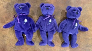 TY 3X BEANIE BABIES PRINCESS DIANA PURPLE BEAR PE PELLET - Picture 1 of 2