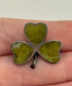 Vintage Irish Shamrock Brooch Sterling Silver Connemara Marble Clover - Picture 1 of 12