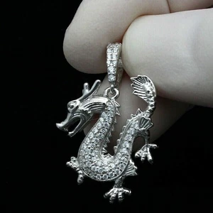 14K Weißgold Finish und Diamant 1,00 ct Drache Anhänger Charm mit gratis Kette - Bild 1 von 3