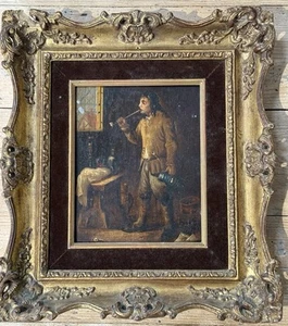 Antique French Oil Painting On Metal Gold Ornate Frame Velvet Trim Man With Pipe - Picture 1 of 24