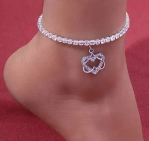 7Ct Round Cut Lab-Created Diamond Double Heart 9.5" Anklet 14K White Gold Plated - Picture 1 of 9