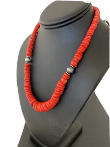 Red Coral Graduated Navajo Pearls Sterling Silver Bead Necklace 18" 01950 - Picture 1 of 12