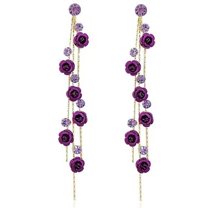 Elegant Chic Long Shine Tassel Chain Red Purple Rose Flower Dangle Drop Stud Ear - Picture 1 of 7