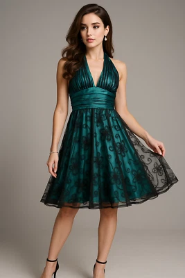 Adrianna Papell Dress Women 6P Teal Black Fit N Flare Floral Mesh Whimsigoth Y2K - Image 1 of 4