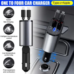 Retractable Car Charger 4 in 1 Fast Car Phone Charger 100W With USB Type C Cable - Picture 1 of 17