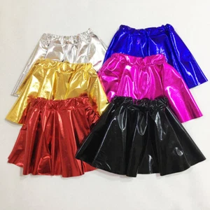 Women Girls Shiny Pleated Mini Skirt Elastic Waist Skater Skirt Dancewear - Picture 1 of 21
