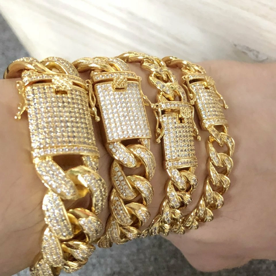 Brazalete Iced Out Plata Esterlina .925 Oro 15MM Miami Hip Hop Cubano Bling Foto 1 de 1