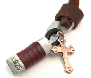 Collar de cuero marrón cierre palanca dijes cruz 24 pulgadas - Imagen 1 de 3
