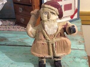 Primitive Carved Wood Christmas Chippy Paint Santa Claus, 8.5"