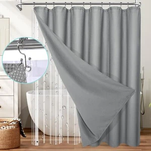 3-in-1 Waffle Shower Curtain Set Weighted Cloth Hooks 258GSM 72x72 Grey - Picture 1 of 7