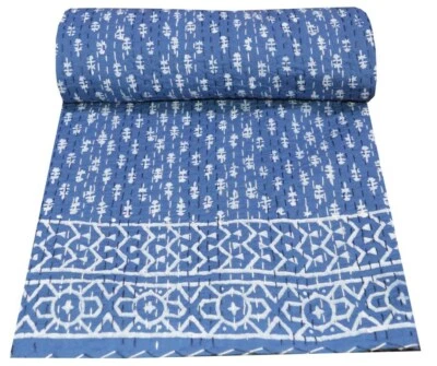 Colcha Kantha bloco indiano feita à mão reversível colcha solteiro algodão cobertor - Imagem 1 de 4