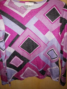CASUAL CORNER LONG SLEEVE SPARKLE TOP, PURPLE, PINK, BLK, WINE W/ SILVER SIZE M  - Picture 1 of 3