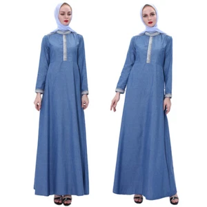 Dubai Abaya muslimisches Kleid Damen Denim Kaftan langes Maxikleid Cocktail Robe islamisch - Bild 1 von 23