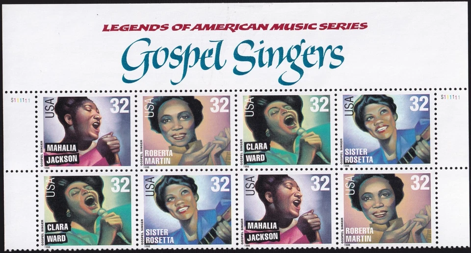 Scott #3219a (3216-19) Gospel Singers Title Plate Block of 8 Stamps - MNH - Image 1 of 1