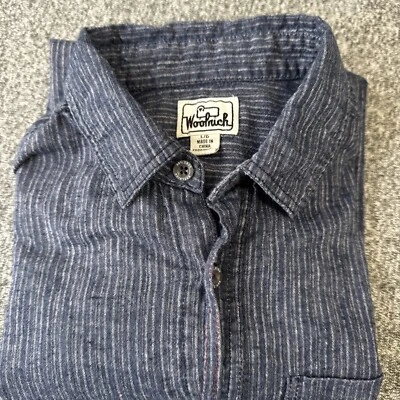 VTG Woolrich Men's Shirt Size Large Pocket Blue Short Sleeve Hemp Organic Cotton - Image 1 of 4