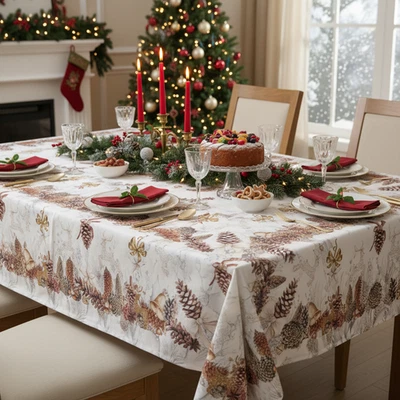 Christmas Tablecloth x6 and x12 places in cotton with pine cones and decorations - Image 1 of 3
