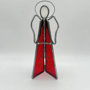 Vtg Christmas Angel Leaded Stained Glass Red Sun Catcher Standing - Picture 1 of 5