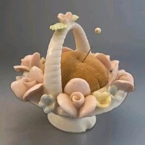 Vintage Ardalt Lenwile Japan Verithin Porcelain Pastel Floral Pin Cushion Basket - Picture 1 of 3