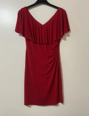 Connected Apparel Dress Womens Size 12 Red Ruffled V- Neck Ruched Sleeveless - Image 1 of 4