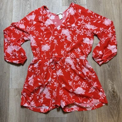 H&M 女式红色花卉 100% 纤维胶 V 领长袖休闲连身裤 10 码 — 第 1/4 张图片