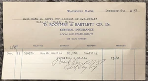 Vintage General Insurance Receipt December 6, 1937 Original Boothby Bartlett - Picture 1 of 4
