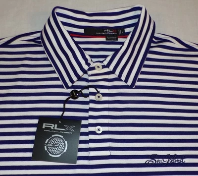 НОВЫЙ! RLX Ralph Lauren темно-синий полоски SEA ISLAND гольф-клуб рубашка-поло L - Изображение 1 из 4