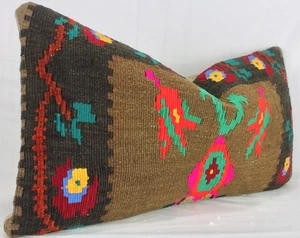 Copricuscino lombare kilim turco decorativo marrone 12x24 rosa rosso cuscino kilim - Foto 1 di 9
