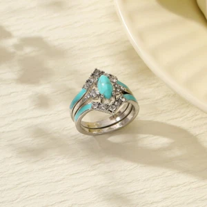 3-Pieces Turquoise Joint Stacking Diamond-Rings Boho Rings Women - Picture 1 of 11