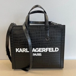 KARL LAGERFELD PARIS Logo Croc Embossed Faux Leather Tote - Black - NWT - Picture 1 of 7
