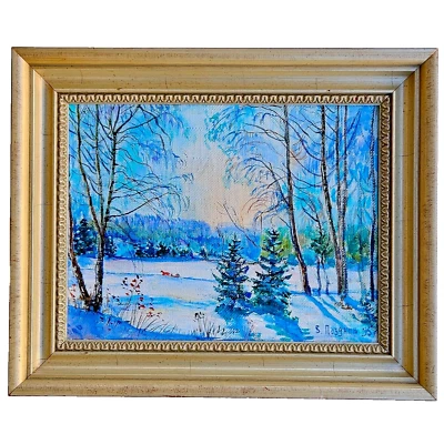 Pintura al óleo de paisaje ruso Victor Pozdnov 1995 vintage mañana de invierno Foto 1 de 4