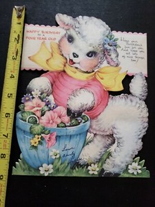 Vtg Gibson Birthday Greeting Card Diecut Cutout Lamb J.C. SAX 4 yr old 1940-50s