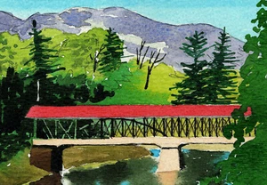 Saco River überdachte Brücke, Conway NH. Bunte Peter Mason Aquarell Notizkarten - Bild 1 von 2