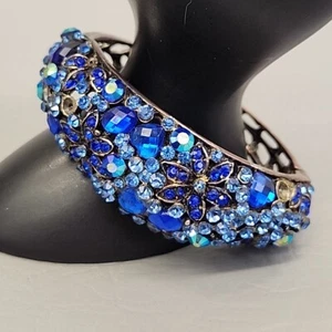 Rhinestone Hinged Bracelet Clamper Blue Glass Silver Tone Curved READ - Picture 1 of 16