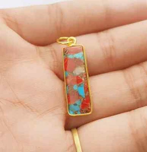 Natürliche Auster Türkis 18k massives Gold Charm Bar Anhänger Edelstein Halskette - Bild 1 von 3