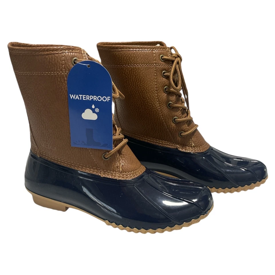 JBU Women's Maplewood Waterproof Rain Mid Calf Boots Color Navy/Tan Size 6.5