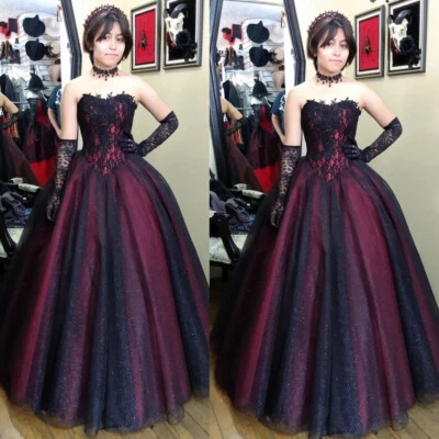 Gothic Wedding Dresses Black and Burgundy Strapless A Line Glitter Bridal Gowns - Image 1 of 4
