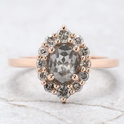 1.23 Ct Oval Cut Salt And Pepper Diamond Ring 14K Rose Gold Engagement Gift Ring - Image 1 of 4