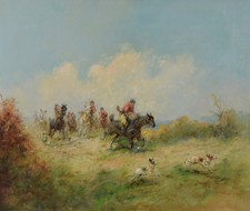 F Maisky Original Oil Painting Fox Hunting with Hounds Hungarian Listed 20x24"