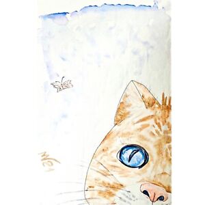 Cat Art ORIGINAL Watercolor Painting Orange Cat Pet Artwork Small Art