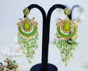 Bollywood Style Indian Pearl Jhumka Earrings Bridal Glass Kundan Jewelry Set - Picture 1 of 4