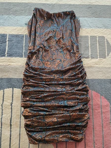 Schicksal trägerloses Korsett gerafft Samt grün kupfer Midikleid Paisley Blumen XL - Bild 1 von 12