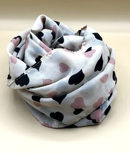 Vintage Rectangular Sheer Chiffon Scarf Beige w/Pink & Black Hearts 62" x 27" - Picture 1 of 7